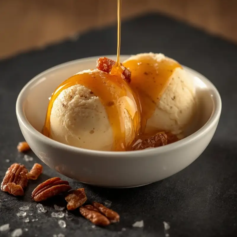 homestyle vanilla gelato in a bowl with caramel homestyle vanilla gelato in a bowl with caramel