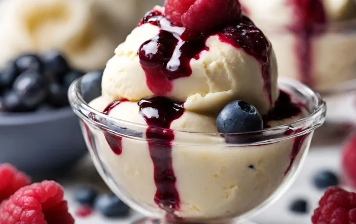 red, white and blueberry gelato sundae