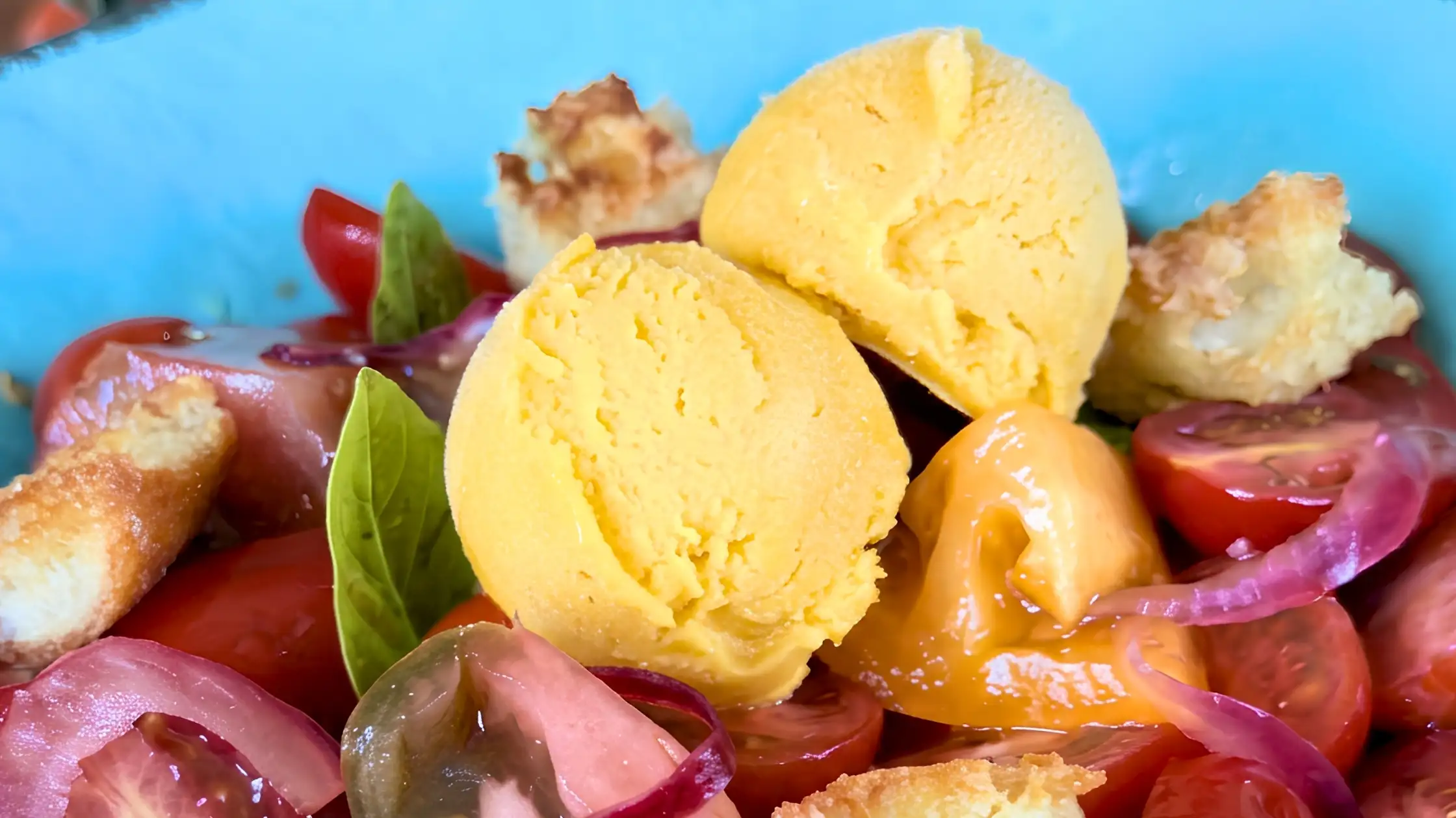 tuscan tomato panzanella with mango sorbetto